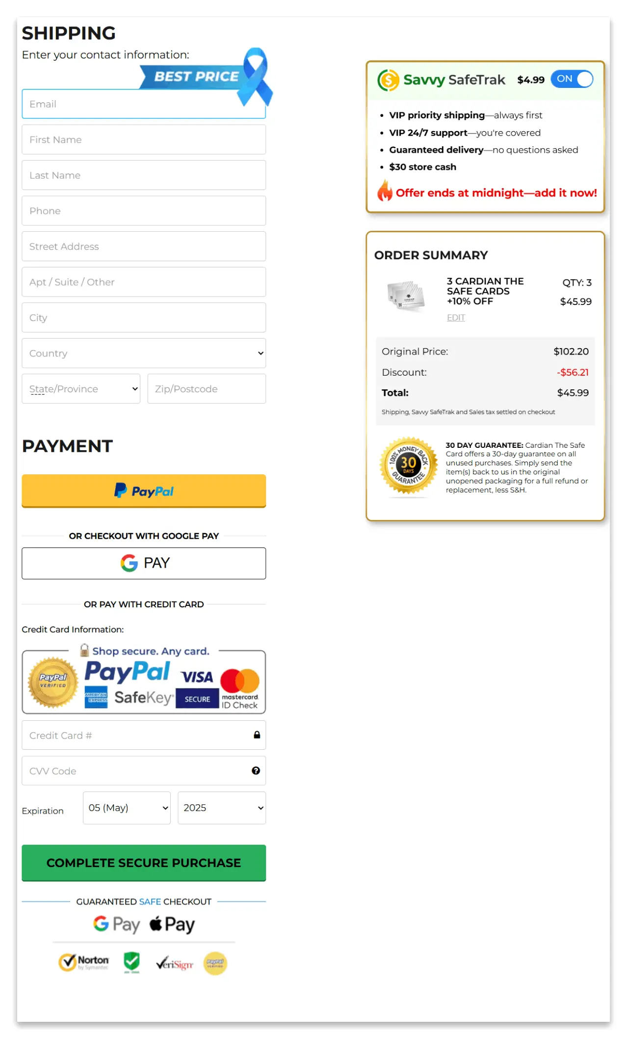 Safe Card Shield secure checkout page